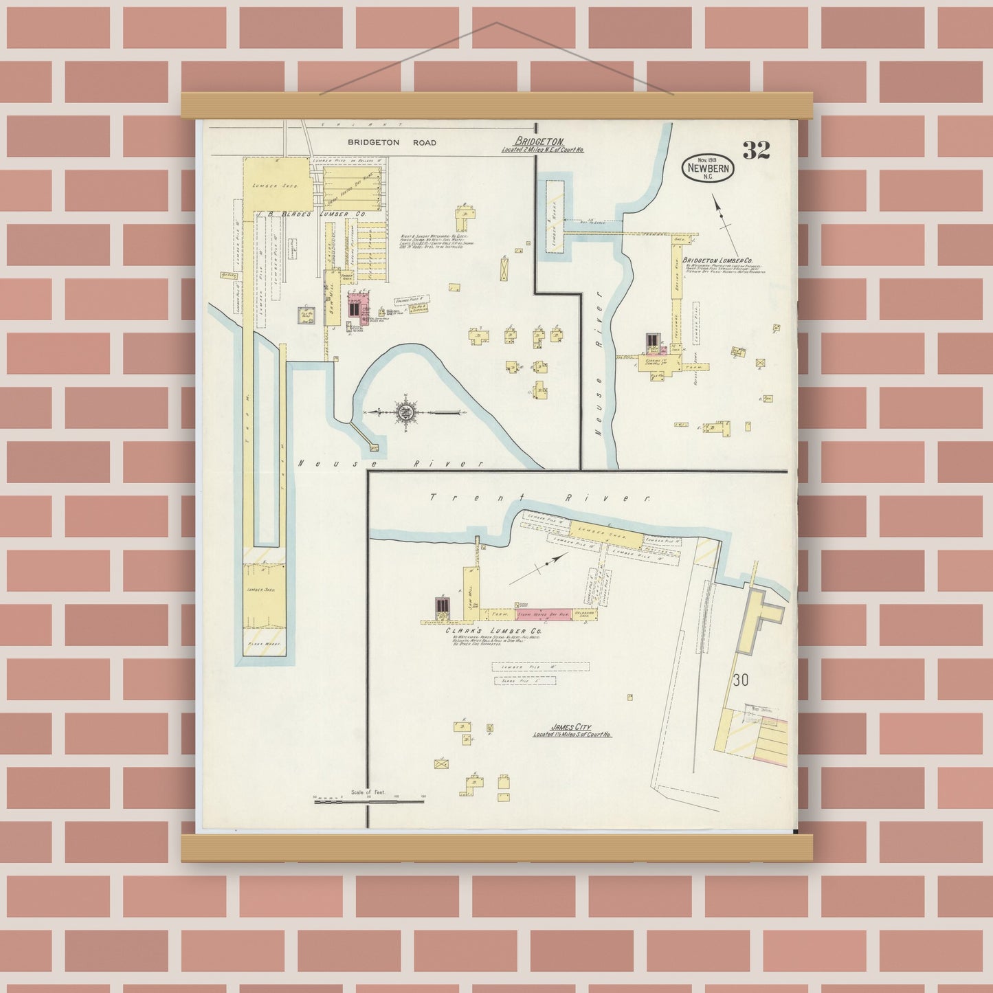 Old map wall art mockup — magnetic wood frame on brick wall — Sanborn Fire Insurance Map from New Bern, Craven County, North Carolina (1913), Sheet #0032