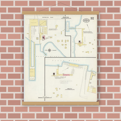 Old map wall art mockup — magnetic wood frame on brick wall — Sanborn Fire Insurance Map from New Bern, Craven County, North Carolina (1913), Sheet #0032