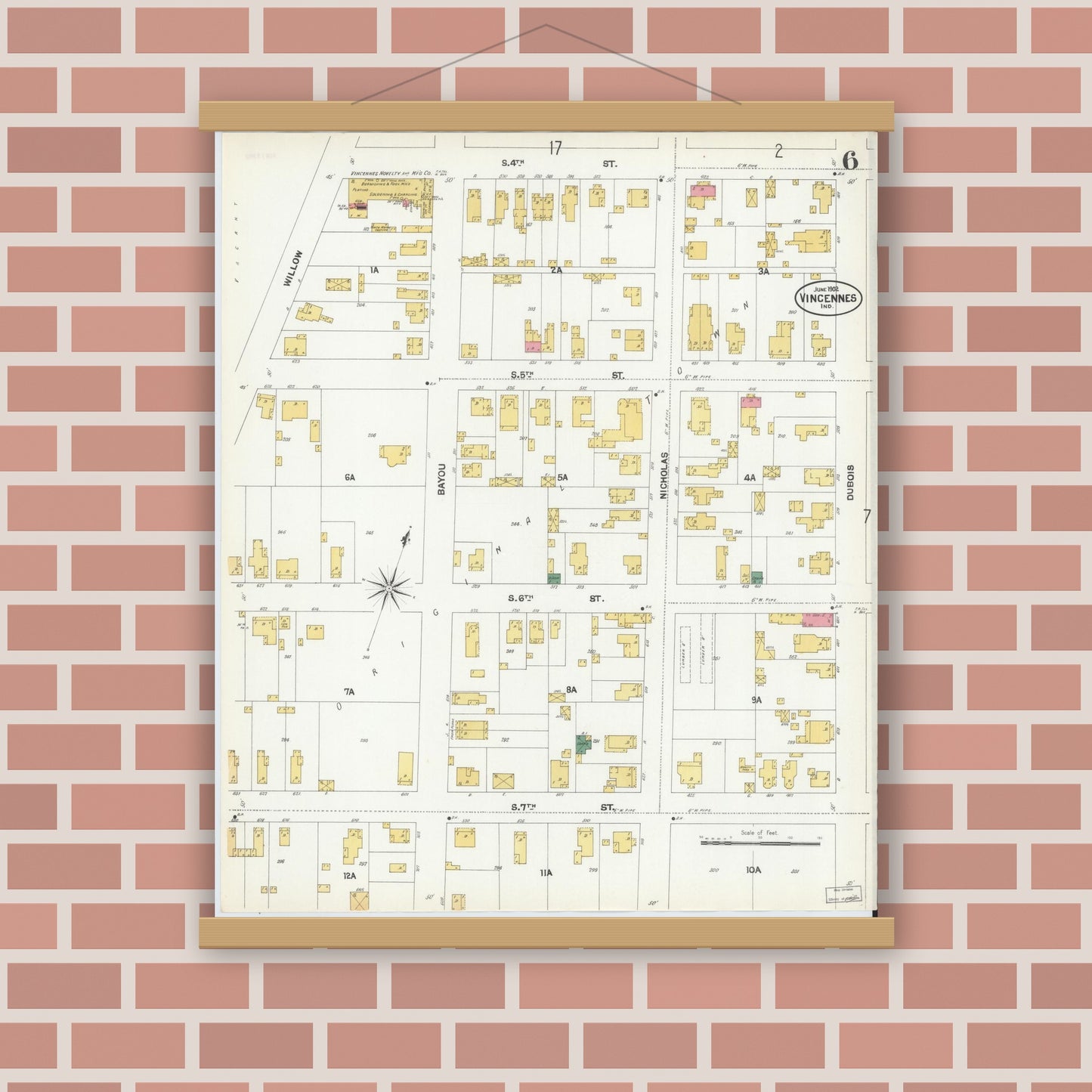 Old map wall art mockup — magnetic wood frame on brick wall — Sanborn Fire Insurance Map from Vincennes, Knox County, Indiana (1902), Sheet #0006