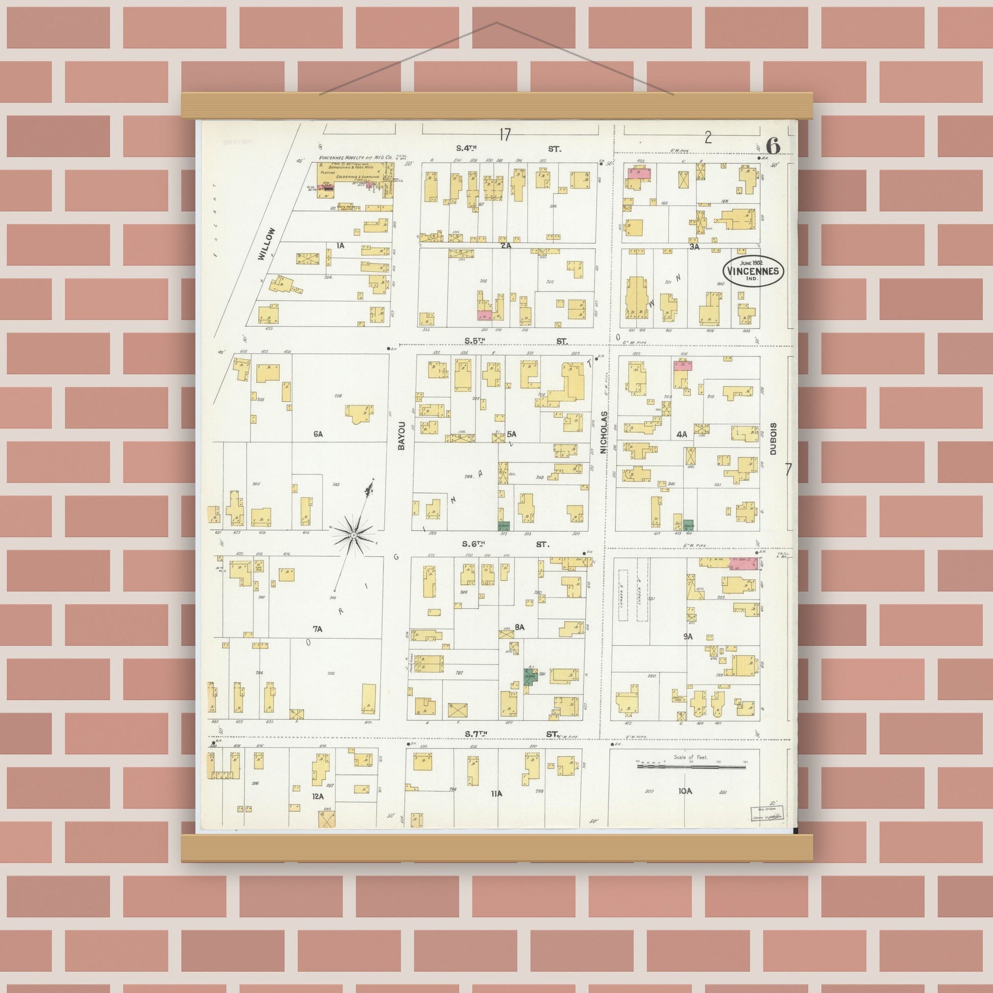 Old map wall art mockup — magnetic wood frame on brick wall — Sanborn Fire Insurance Map from Vincennes, Knox County, Indiana (1902), Sheet #0006