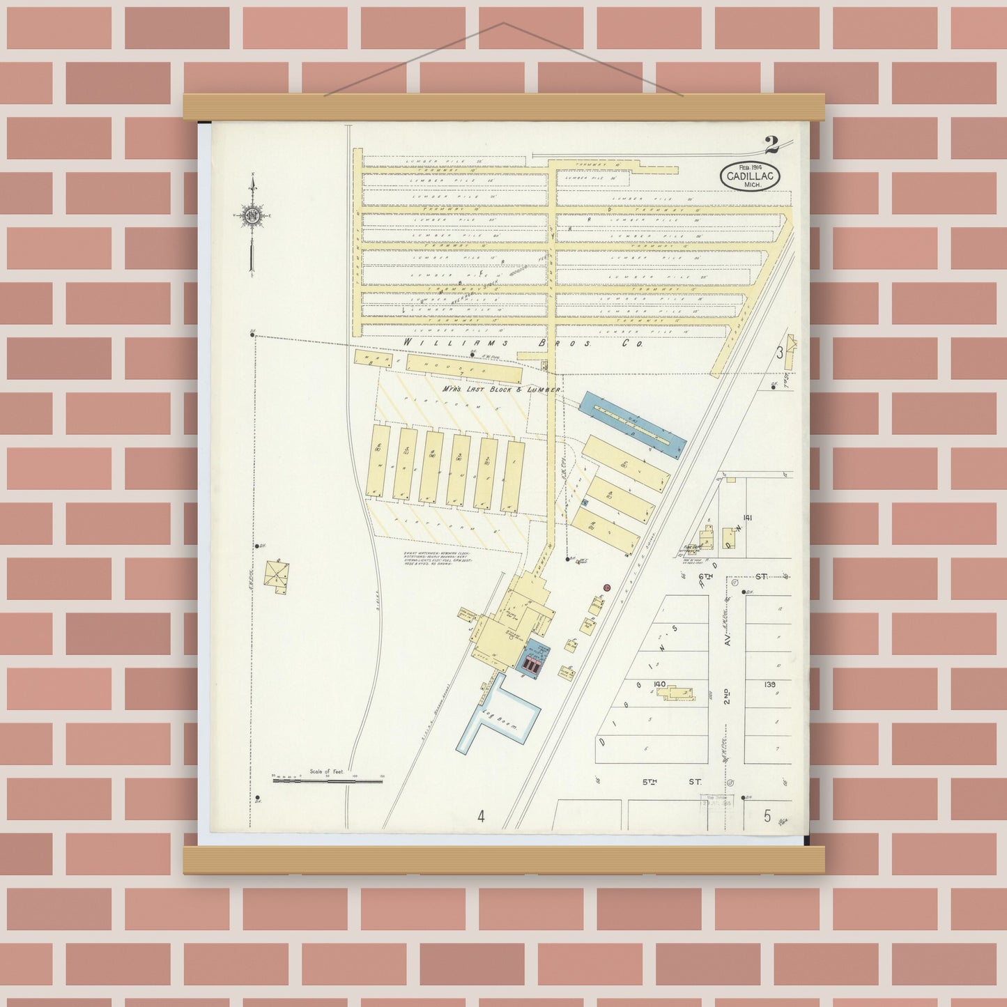 Old map wall art mockup — magnetic wood frame on brick wall — Sanborn Fire Insurance Map from Cadillac, Wexford County, Michigan (1914), Sheet #0002