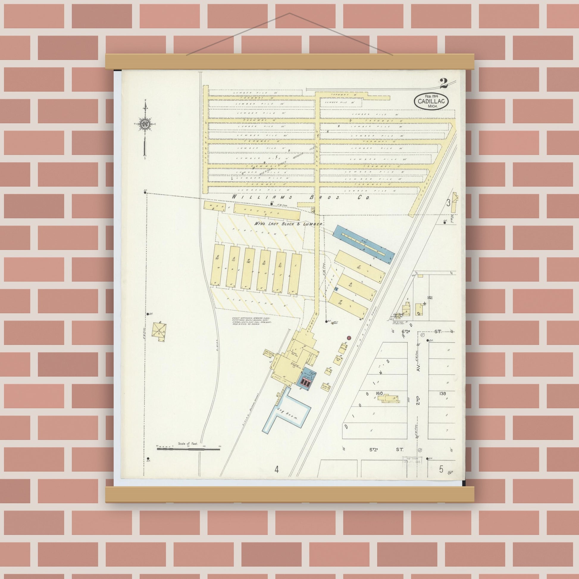 Old map wall art mockup — magnetic wood frame on brick wall — Sanborn Fire Insurance Map from Cadillac, Wexford County, Michigan (1914), Sheet #0002