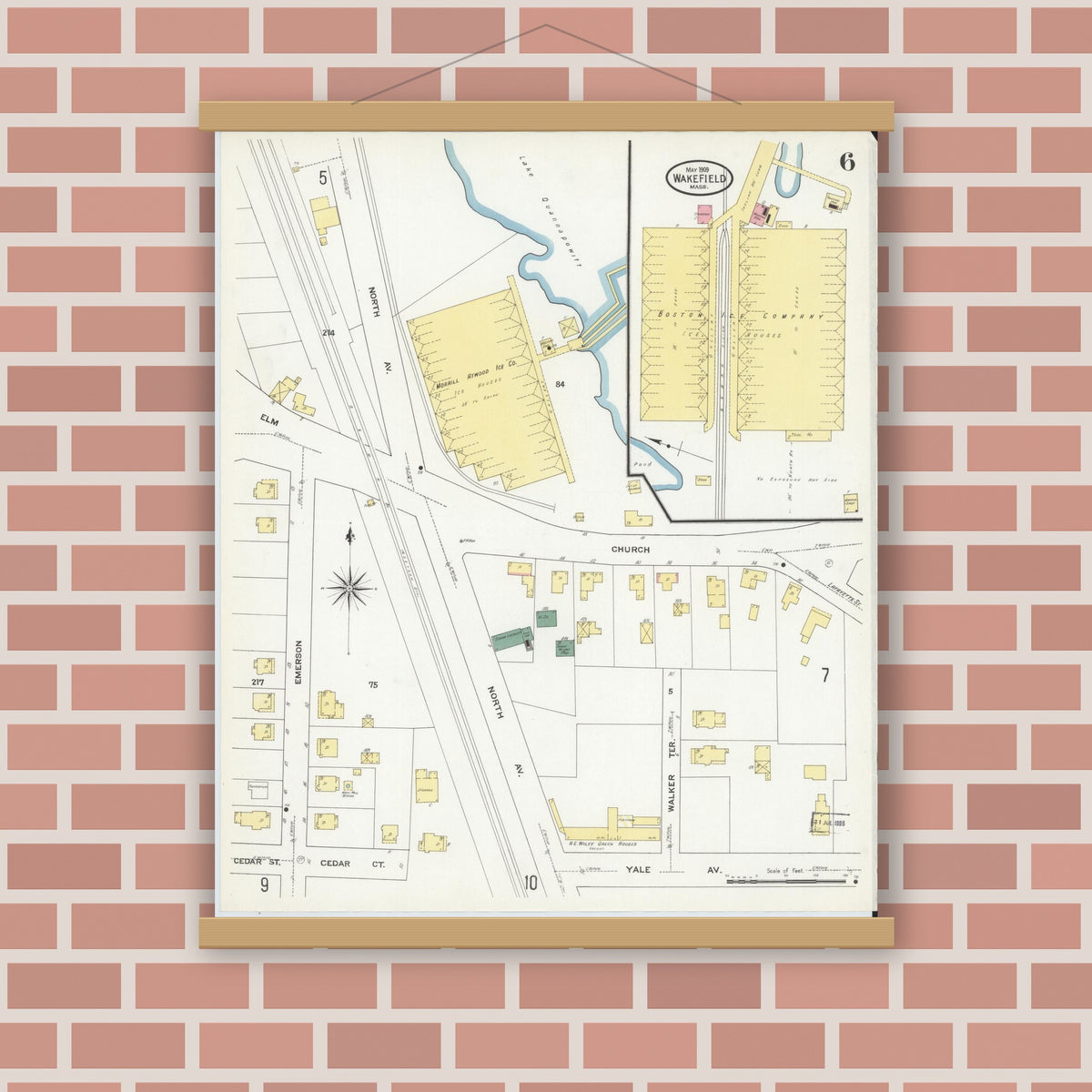 Old map wall art mockup — magnetic wood frame on brick wall — Sanborn Fire Insurance Map from Wakefield, Middlesex County, Massachusetts (1909), Sheet #0006