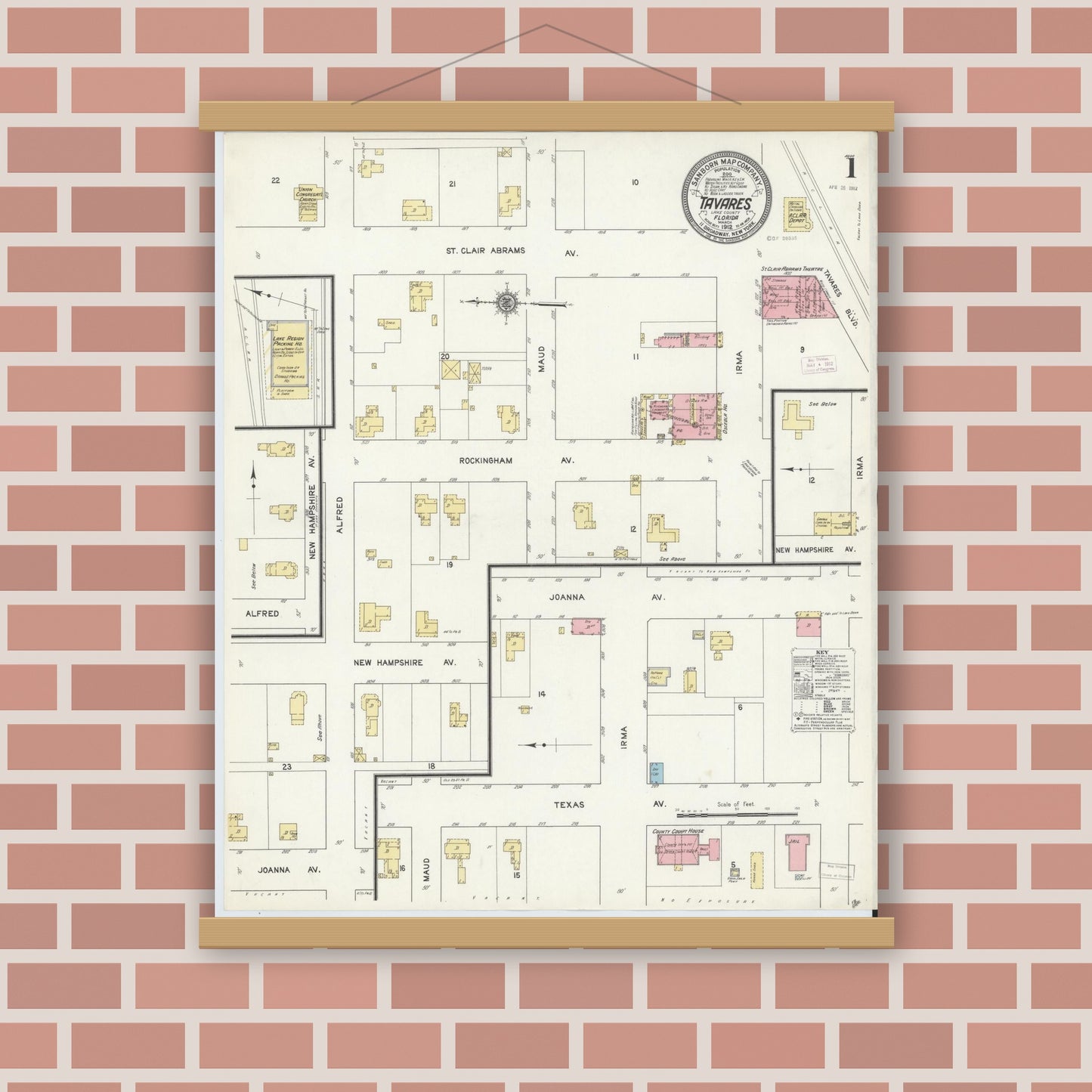 Old map wall art mockup — magnetic wood frame on brick wall — Sanborn Fire Insurance Map from Tavares, Lake County, Florida (1912), Sheet #0001