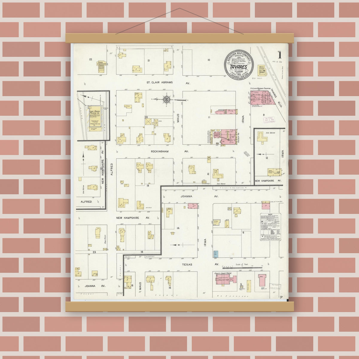 Old map wall art mockup — magnetic wood frame on brick wall — Sanborn Fire Insurance Map from Tavares, Lake County, Florida (1912), Sheet #0001