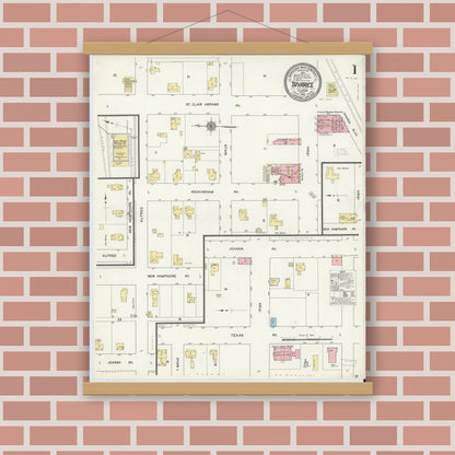 Old map wall art mockup — magnetic wood frame on brick wall — Sanborn Fire Insurance Map from Tavares, Lake County, Florida (1912), Sheet #0001