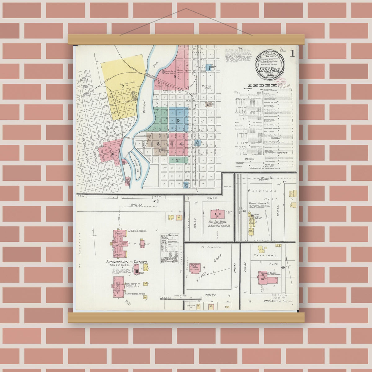 Old map wall art mockup — magnetic wood frame on brick wall — Sanborn Fire Insurance Map from Little Falls, Morrison County, Minnesota (1895) - Complete Map Set