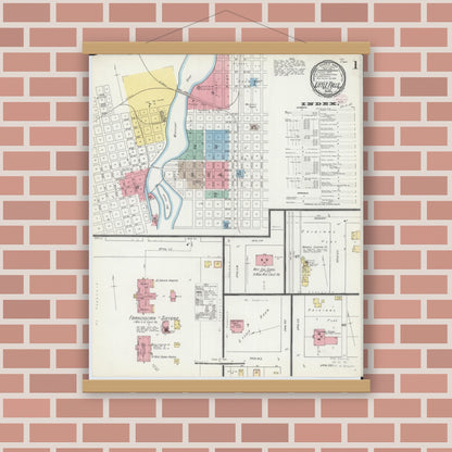Old map wall art mockup — magnetic wood frame on brick wall — Sanborn Fire Insurance Map from Little Falls, Morrison County, Minnesota (1895) - Complete Map Set