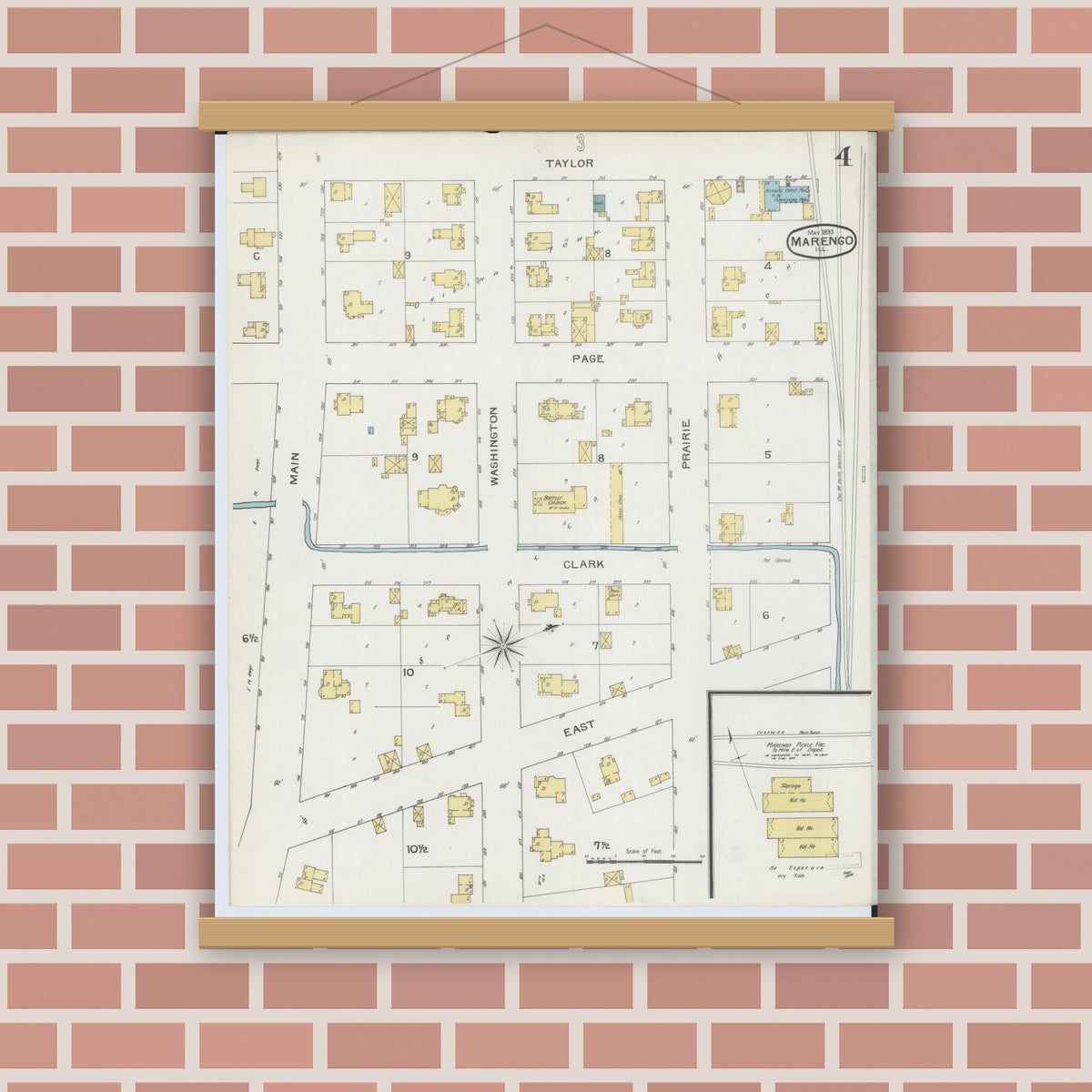 Old map wall art mockup — magnetic wood frame on brick wall — Sanborn Fire Insurance Map from Marengo, McHenry County, Illinois (1893), Sheet #0004