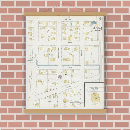 Old map wall art mockup — magnetic wood frame on brick wall — Sanborn Fire Insurance Map from Marengo, McHenry County, Illinois (1893), Sheet #0004