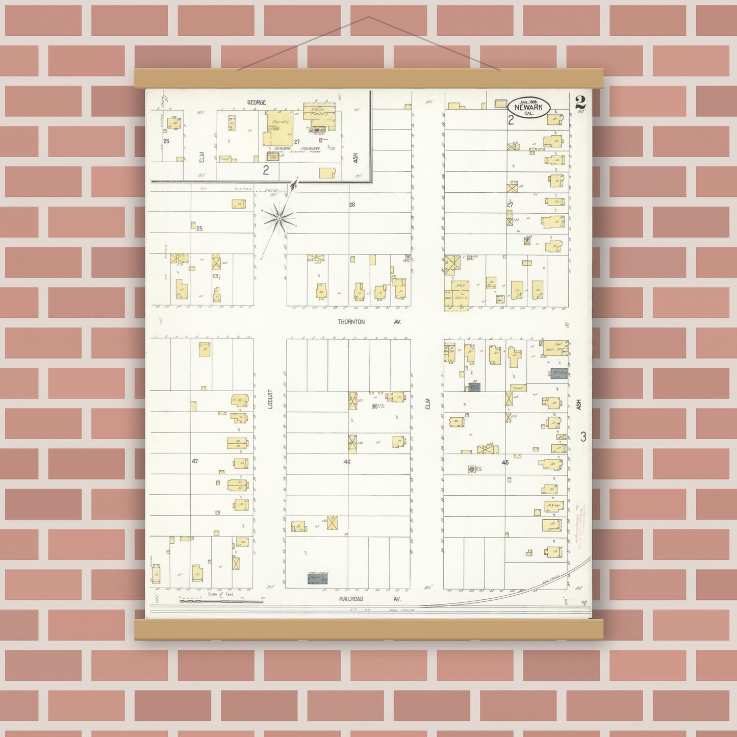 Old map wall art mockup — magnetic wood frame on brick wall — Sanborn Fire Insurance Map from Newark, Alameda County, California (1908), Sheet #0002