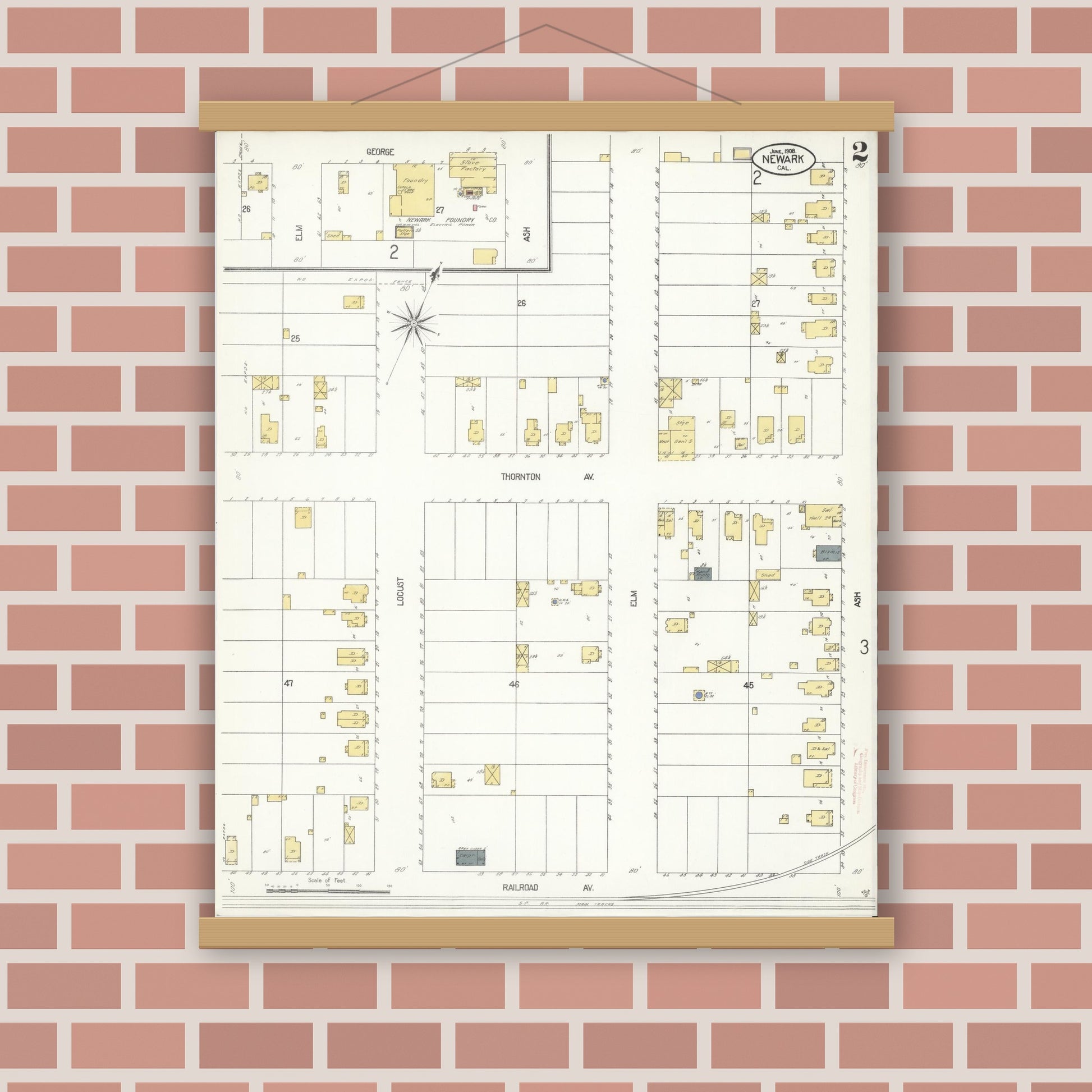 Old map wall art mockup — magnetic wood frame on brick wall — Sanborn Fire Insurance Map from Newark, Alameda County, California (1908), Sheet #0002