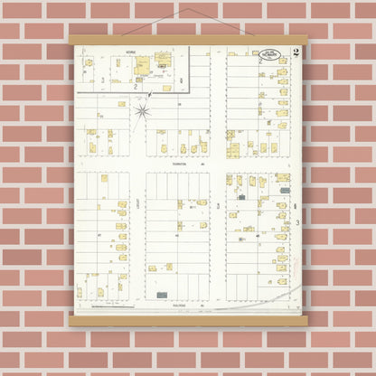 Old map wall art mockup — magnetic wood frame on brick wall — Sanborn Fire Insurance Map from Newark, Alameda County, California (1908), Sheet #0002