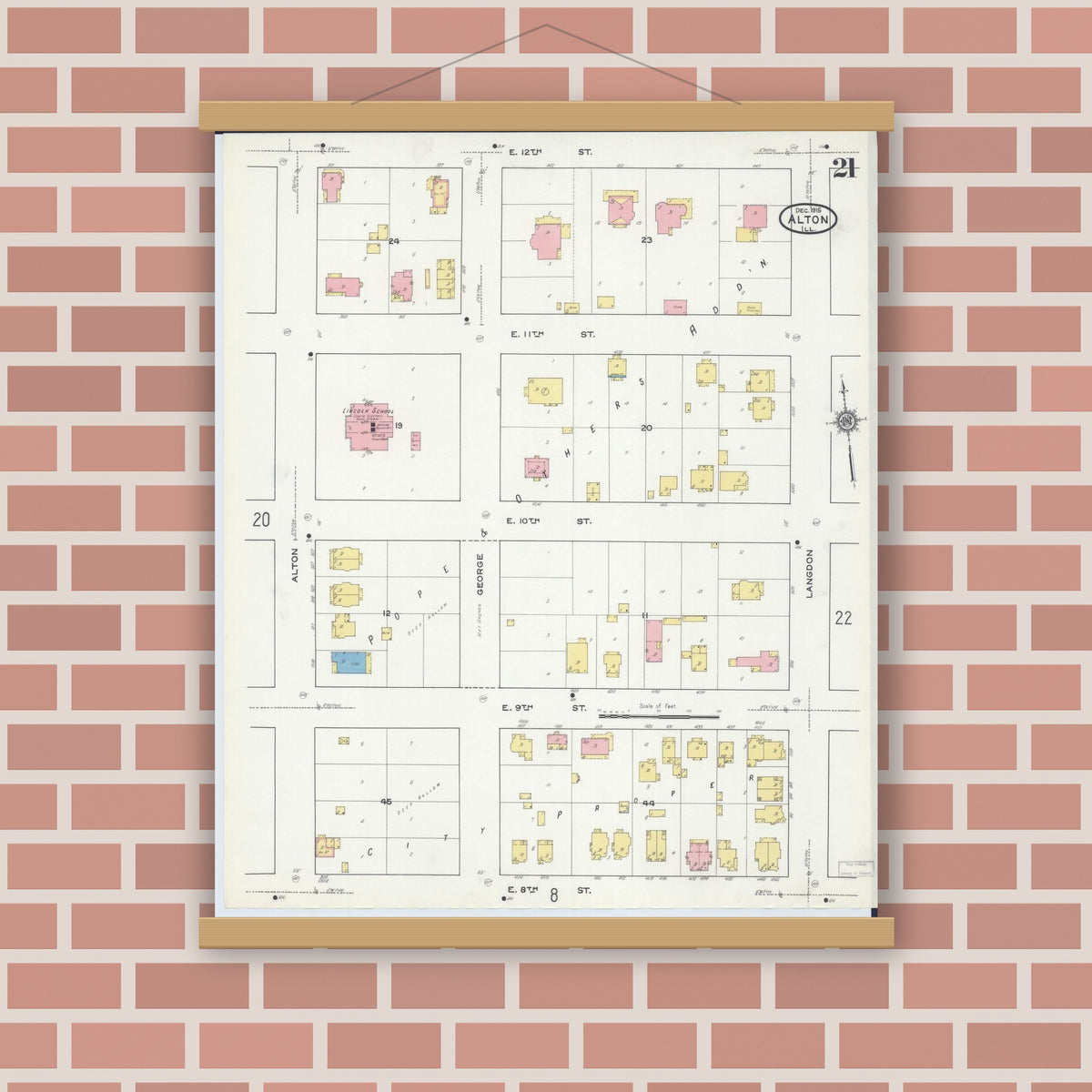 Old map wall art mockup — magnetic wood frame on brick wall — Sanborn Fire Insurance Map from Alton, Madison County, Illinois (1915), Sheet #0021