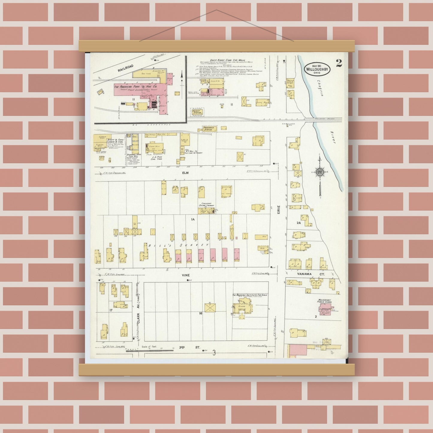 Old map wall art mockup — magnetic wood frame on brick wall — Sanborn Fire Insurance Map from Willoughby, Lake County, Ohio (1911), Sheet #0002