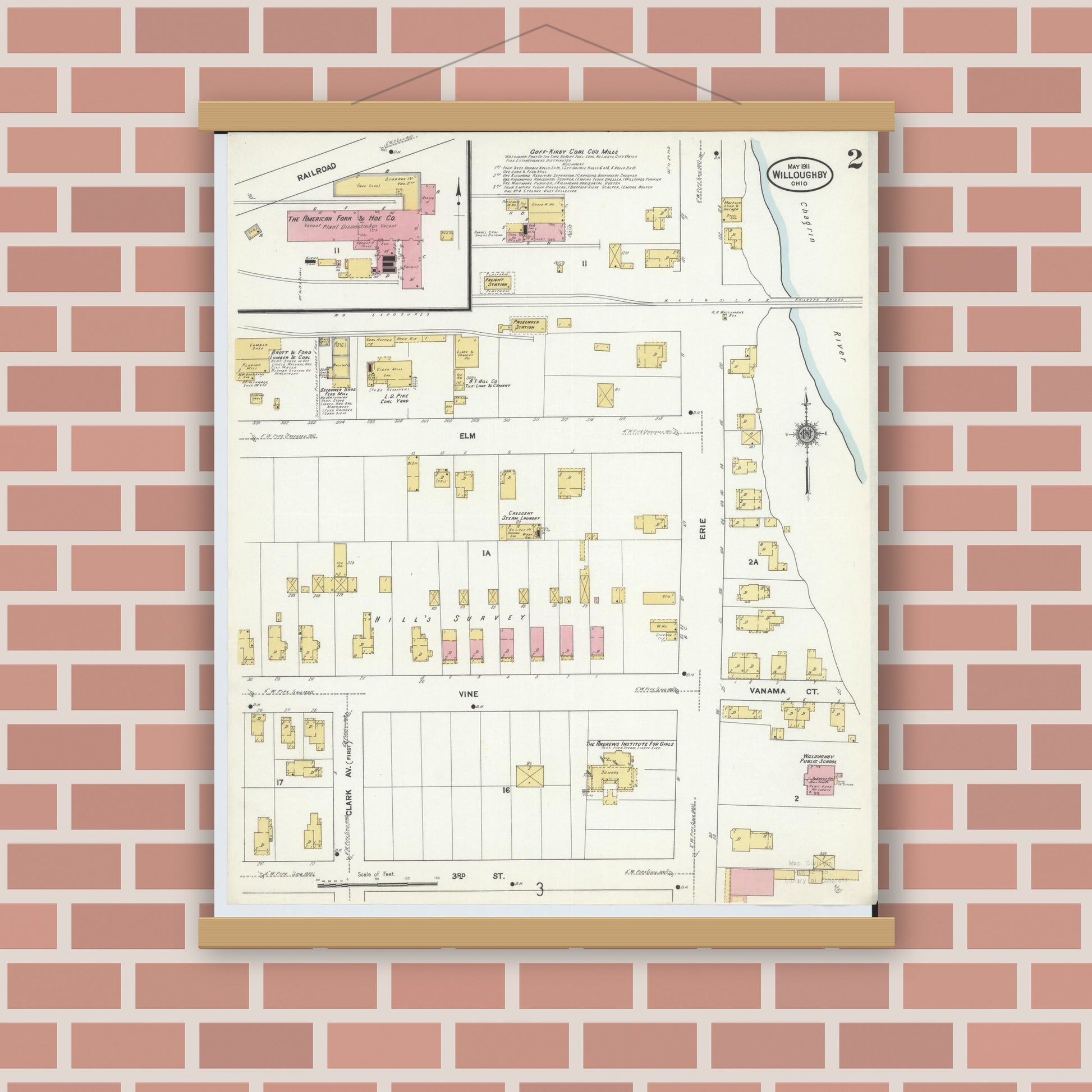 Old map wall art mockup — magnetic wood frame on brick wall — Sanborn Fire Insurance Map from Willoughby, Lake County, Ohio (1911), Sheet #0002