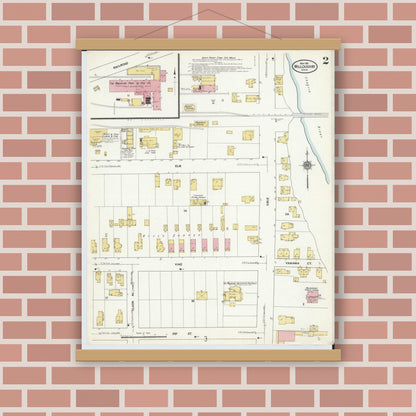 Old map wall art mockup — magnetic wood frame on brick wall — Sanborn Fire Insurance Map from Willoughby, Lake County, Ohio (1911), Sheet #0002