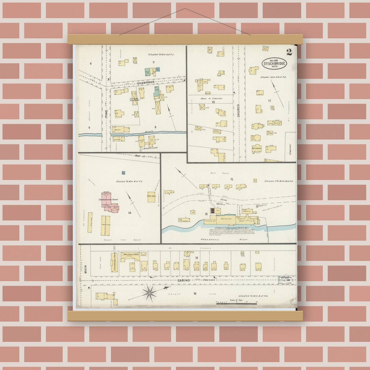 Old map wall art mockup — magnetic wood frame on brick wall — Sanborn Fire Insurance Map from Stockbridge, Berkshire County, Massachusetts (1898), Sheet #0002