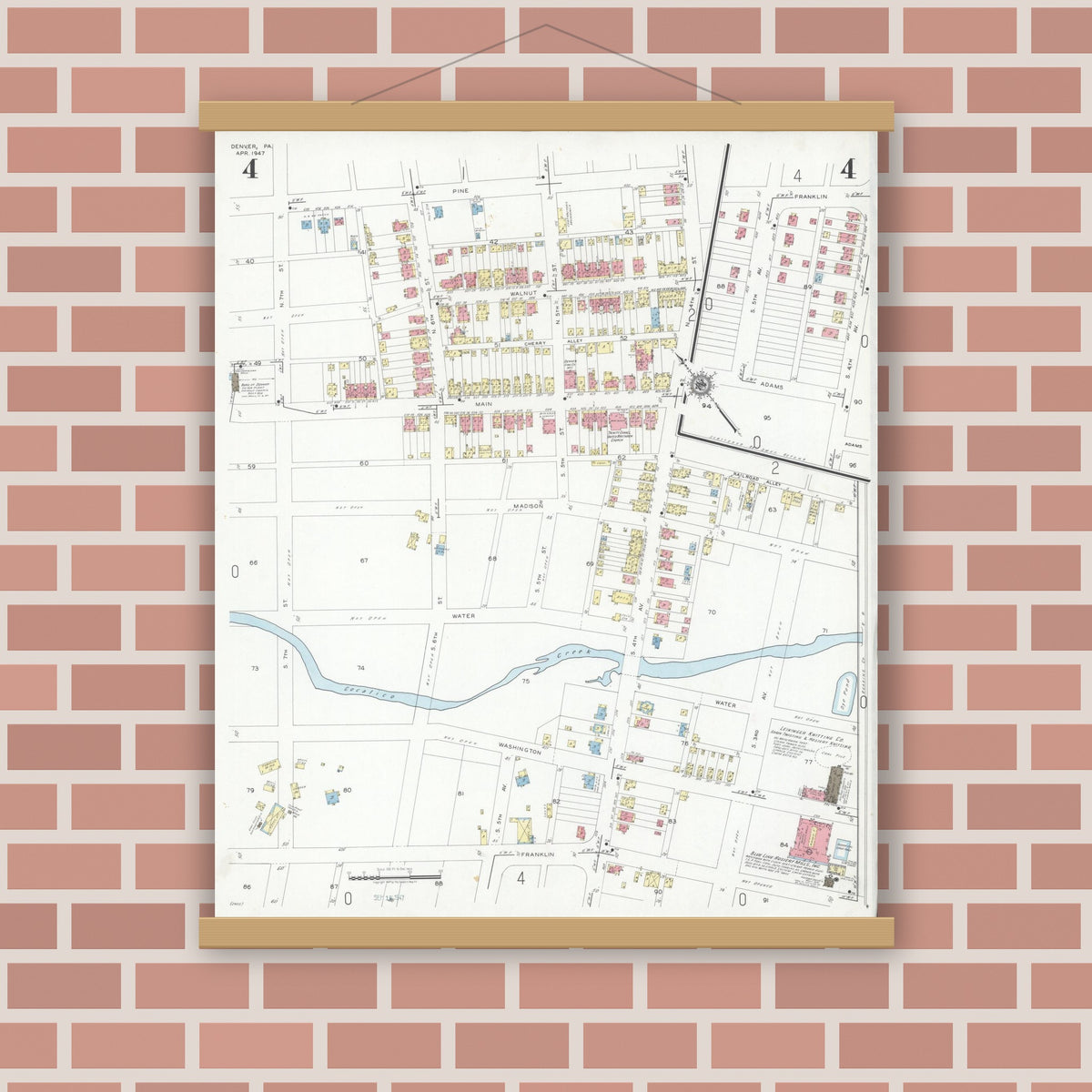 Old map wall art mockup — magnetic wood frame on brick wall — Sanborn Fire Insurance Map from Denver, Lancaster County, Pennsylvania (1947), Sheet #0004