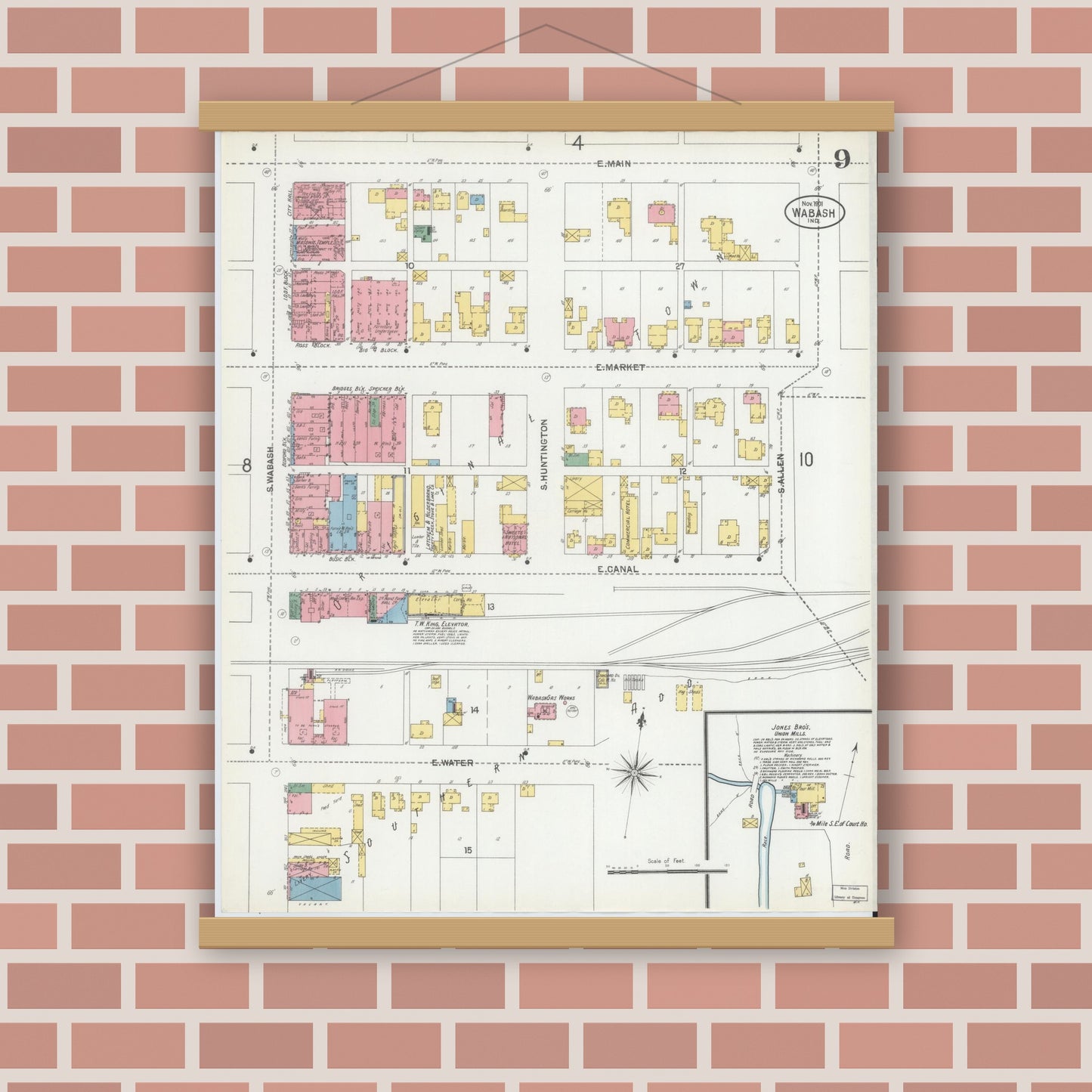 Old map wall art mockup — magnetic wood frame on brick wall — Sanborn Fire Insurance Map from Wabash, Wabash County, Indiana (1901), Sheet #0009