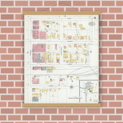 Old map wall art mockup — magnetic wood frame on brick wall — Sanborn Fire Insurance Map from Wabash, Wabash County, Indiana (1901), Sheet #0009