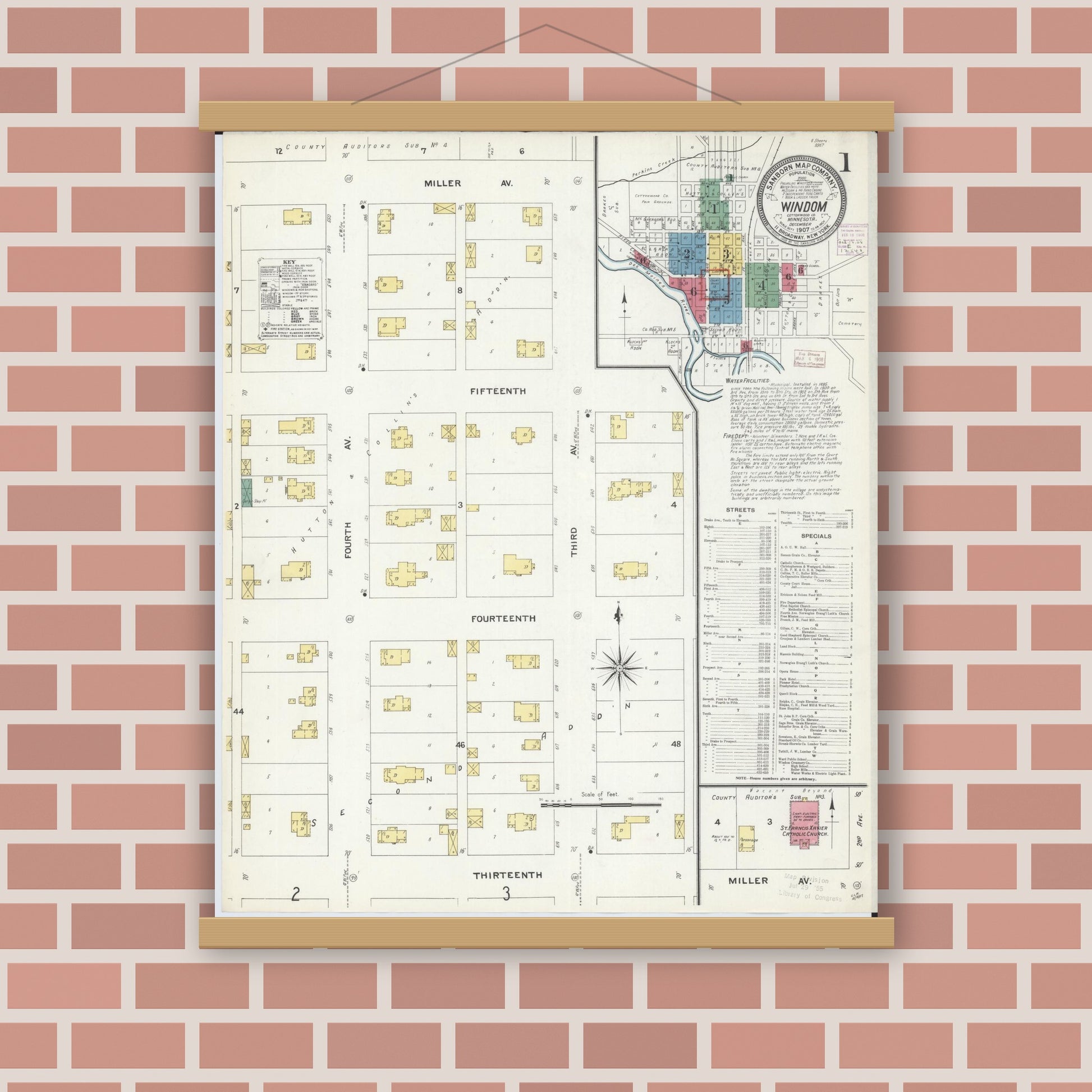 Old map wall art mockup — magnetic wood frame on brick wall — Sanborn Fire Insurance Map from Windom, Cottonwood County, Minnesota (1907) - Complete Map Set