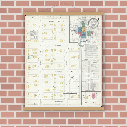 Old map wall art mockup — magnetic wood frame on brick wall — Sanborn Fire Insurance Map from Windom, Cottonwood County, Minnesota (1907) - Complete Map Set