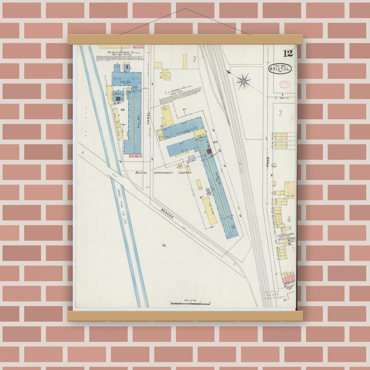 Old map wall art mockup — magnetic wood frame on brick wall — Sanborn Fire Insurance Map from Bristol, Bucks County, Pennsylvania (1894), Sheet #0012