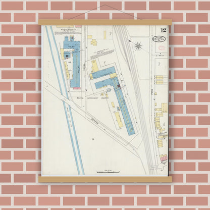 Old map wall art mockup — magnetic wood frame on brick wall — Sanborn Fire Insurance Map from Bristol, Bucks County, Pennsylvania (1894), Sheet #0012