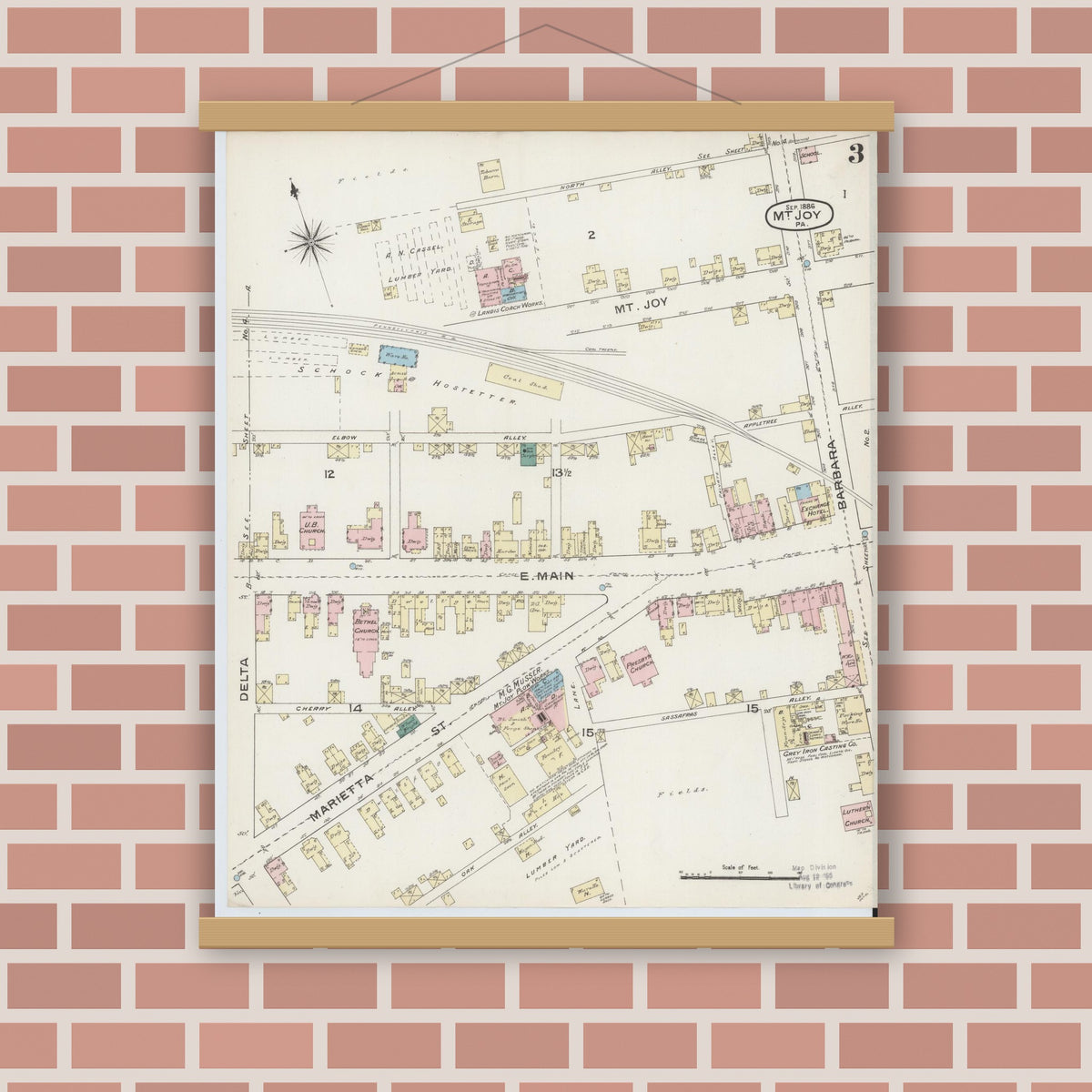 Old map wall art mockup — magnetic wood frame on brick wall — Sanborn Fire Insurance Map from Mount Joy, Lancaster County, Pennsylvania (1886), Sheet #0003