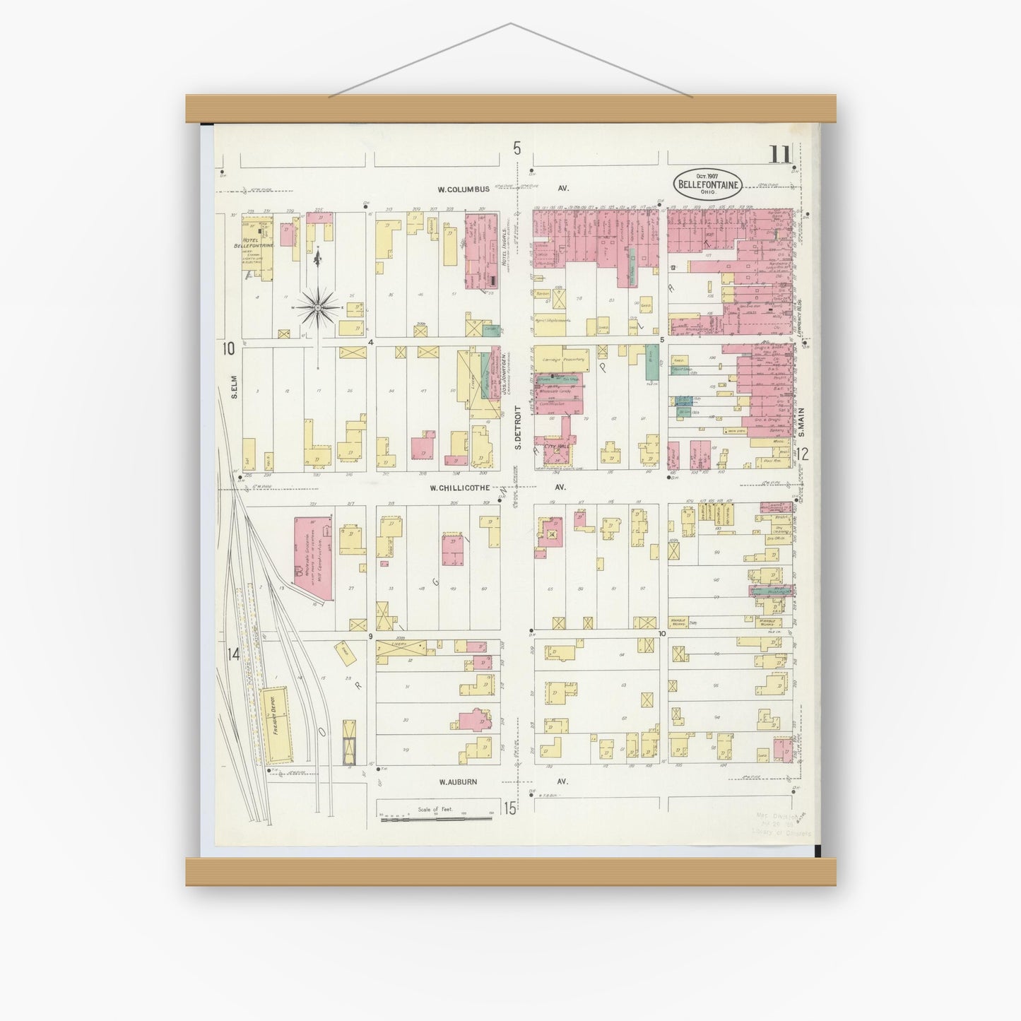 Old map wall art mockup — magnetic wood frame on white wall — Sanborn Fire Insurance Map from Bellefontaine, Logan County, Ohio (1907), Sheet #0011
