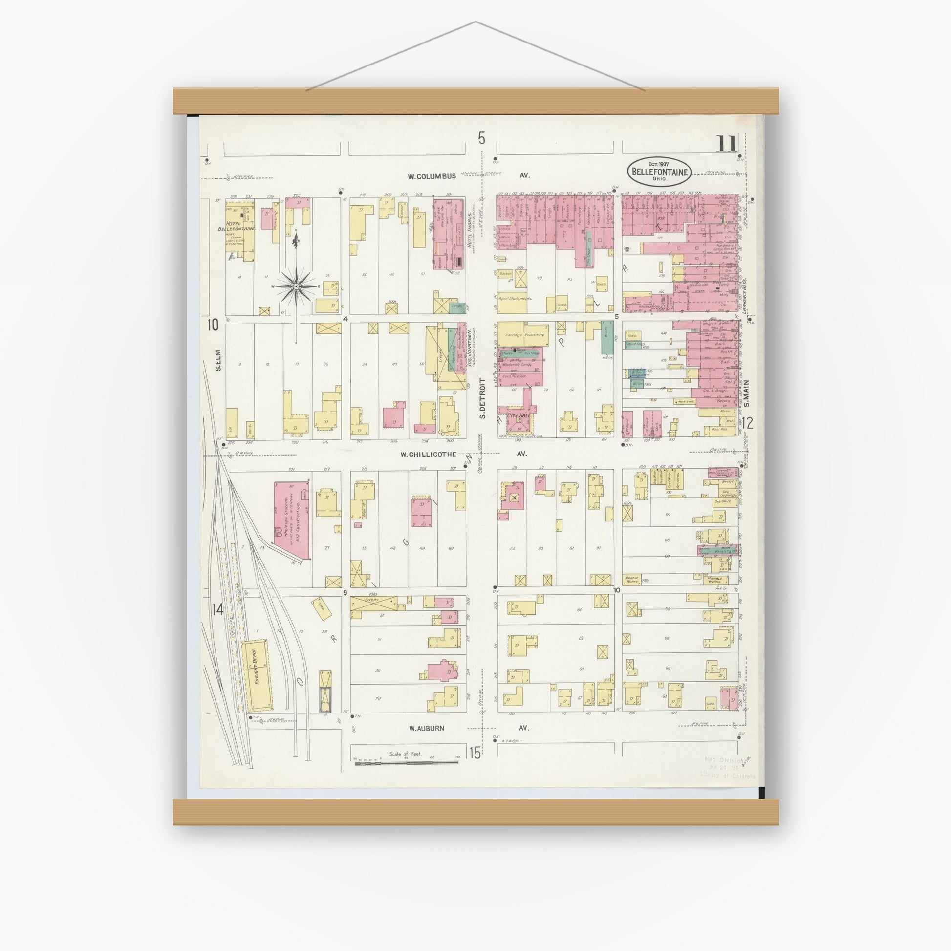 Old map wall art mockup — magnetic wood frame on white wall — Sanborn Fire Insurance Map from Bellefontaine, Logan County, Ohio (1907), Sheet #0011