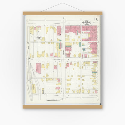 Old map wall art mockup — magnetic wood frame on white wall — Sanborn Fire Insurance Map from Bellefontaine, Logan County, Ohio (1907), Sheet #0011