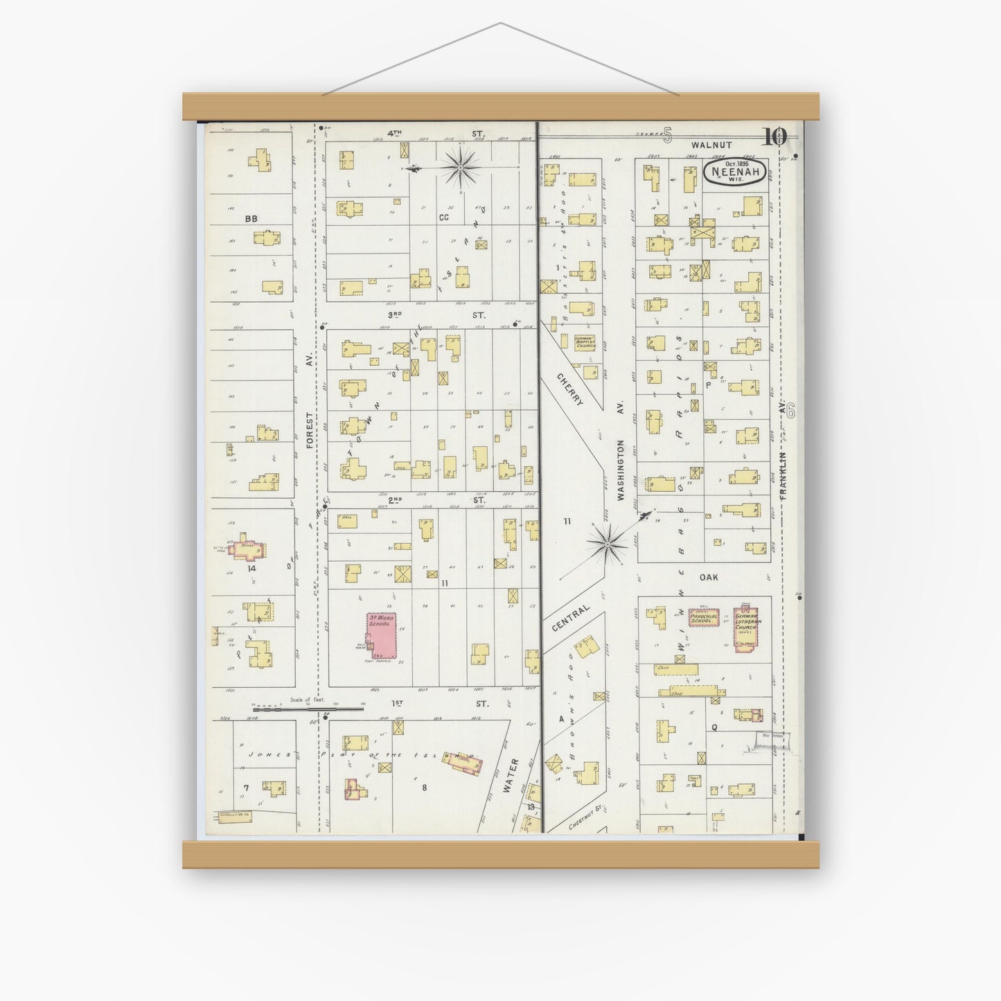 Old map wall art mockup — magnetic wood frame on white wall — Sanborn Fire Insurance Map from Neenah, Winnebago County, Wisconsin (1895), Sheet #0010