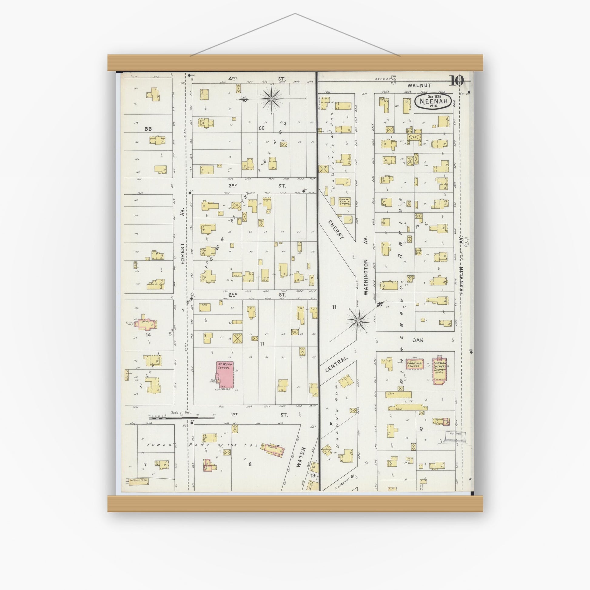 Old map wall art mockup — magnetic wood frame on white wall — Sanborn Fire Insurance Map from Neenah, Winnebago County, Wisconsin (1895), Sheet #0010