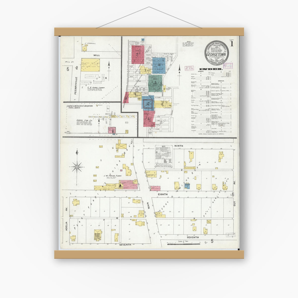 Old map wall art mockup — magnetic wood frame on white wall — Sanborn Fire Insurance Map from Georgetown, Vermilion County, Illinois (1909) - Complete Map Set