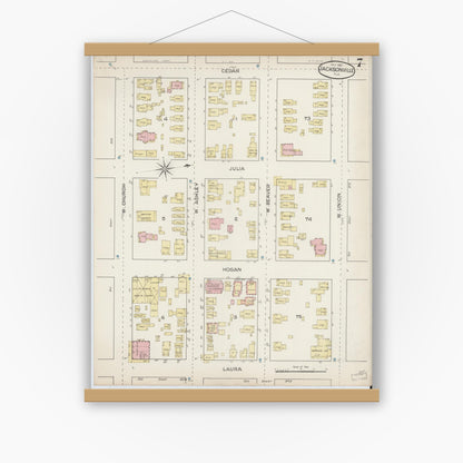 Old map wall art mockup — magnetic wood frame on white wall — Sanborn Fire Insurance Map from Jacksonville, Duval County, Florida (1887), Sheet #0007
