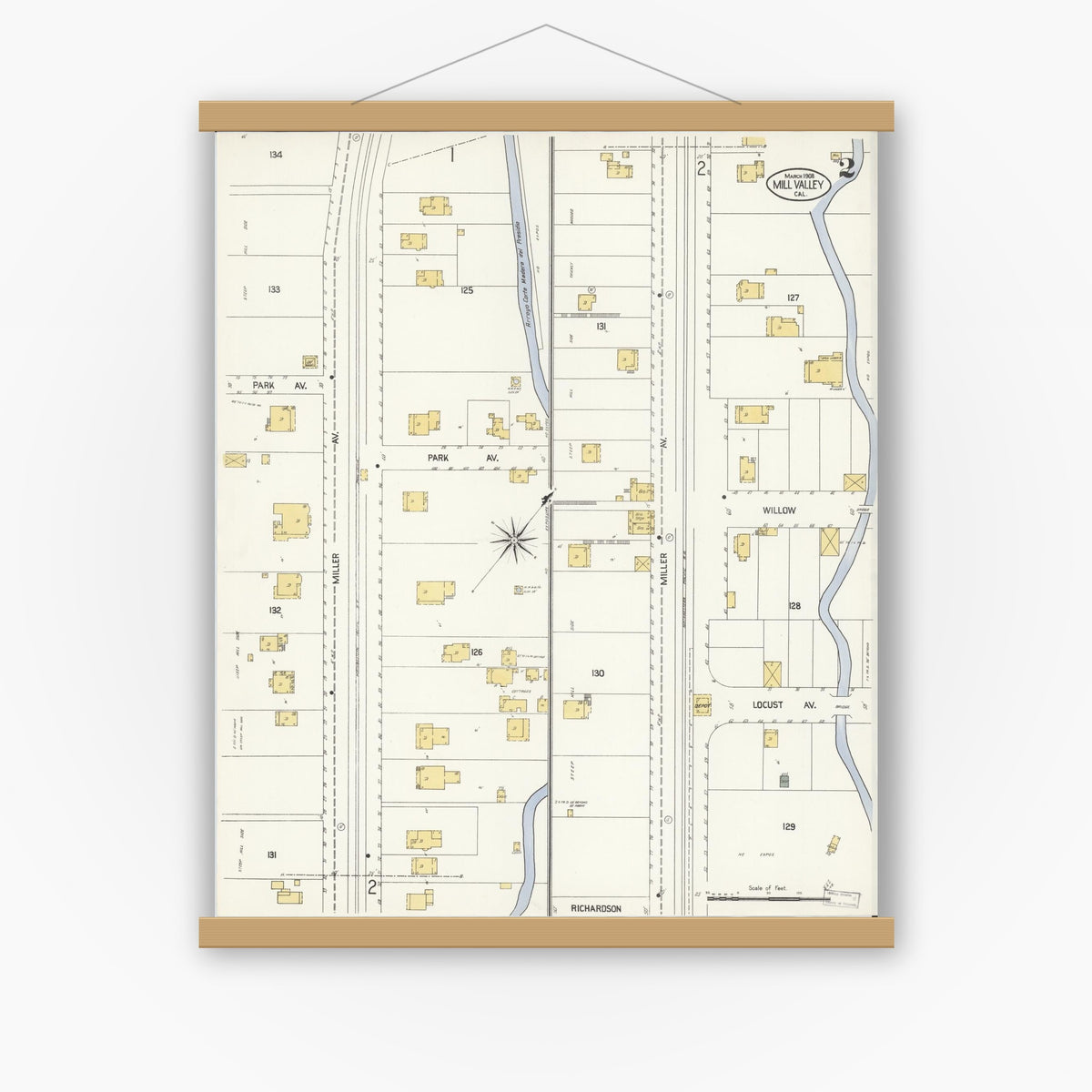 Old map wall art mockup — magnetic wood frame on white wall — Sanborn Fire Insurance Map from Mill Valley, Marin County, California (1908), Sheet #0002