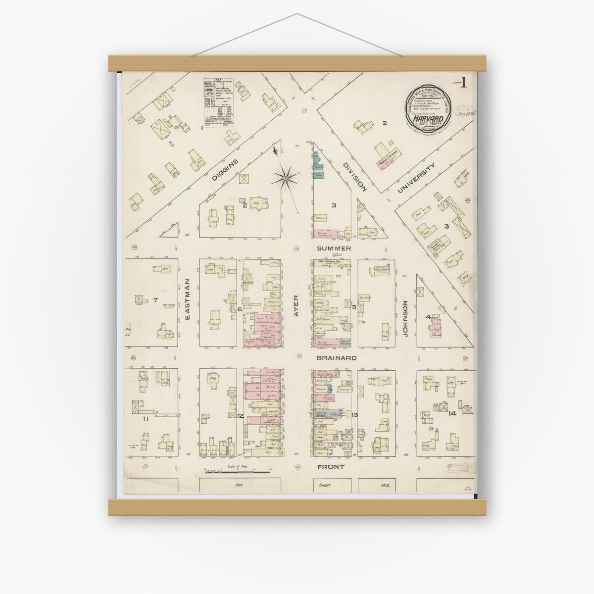 Old map wall art mockup — magnetic wood frame on white wall — Sanborn Fire Insurance Map from Harvard, McHenry County, Illinois (1885) - Complete Map Set