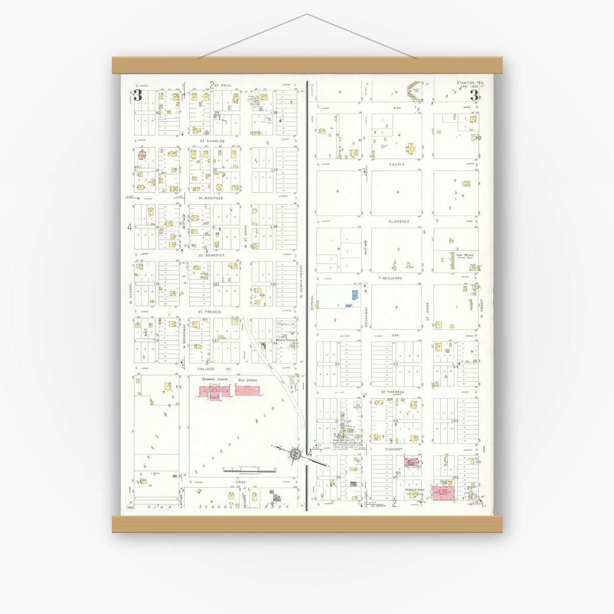 Old map wall art mockup — magnetic wood frame on white wall — Sanborn Fire Insurance Map from Stanton, Martin County, Texas (1935), Sheet #0003