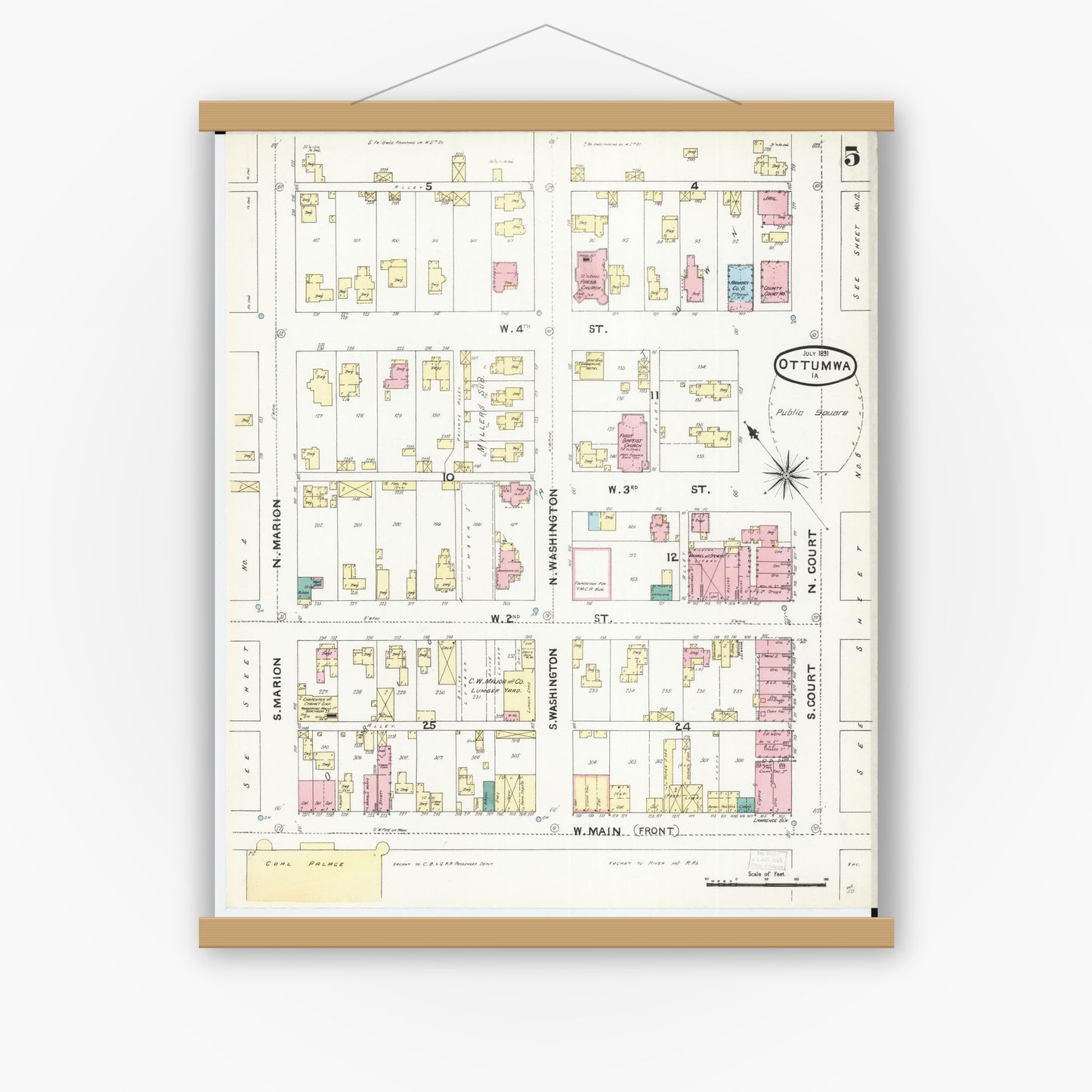Old map wall art mockup — magnetic wood frame on white wall — Sanborn Fire Insurance Map from Ottumwa, Wapello County, Iowa (1891), Sheet #0005