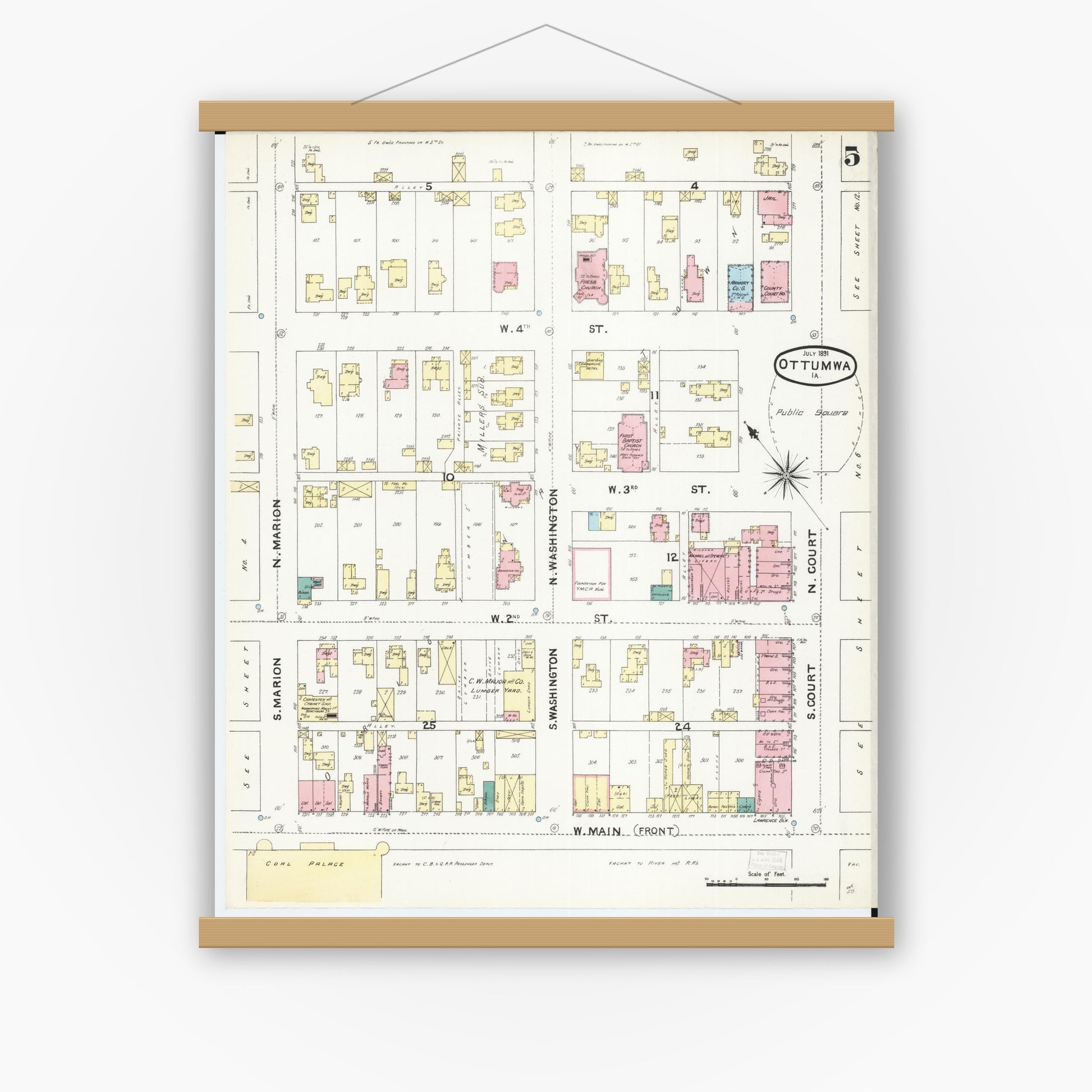 Old map wall art mockup — magnetic wood frame on white wall — Sanborn Fire Insurance Map from Ottumwa, Wapello County, Iowa (1891), Sheet #0005