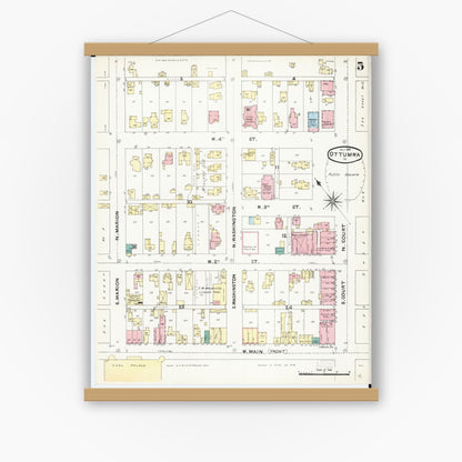 Old map wall art mockup — magnetic wood frame on white wall — Sanborn Fire Insurance Map from Ottumwa, Wapello County, Iowa (1891), Sheet #0005