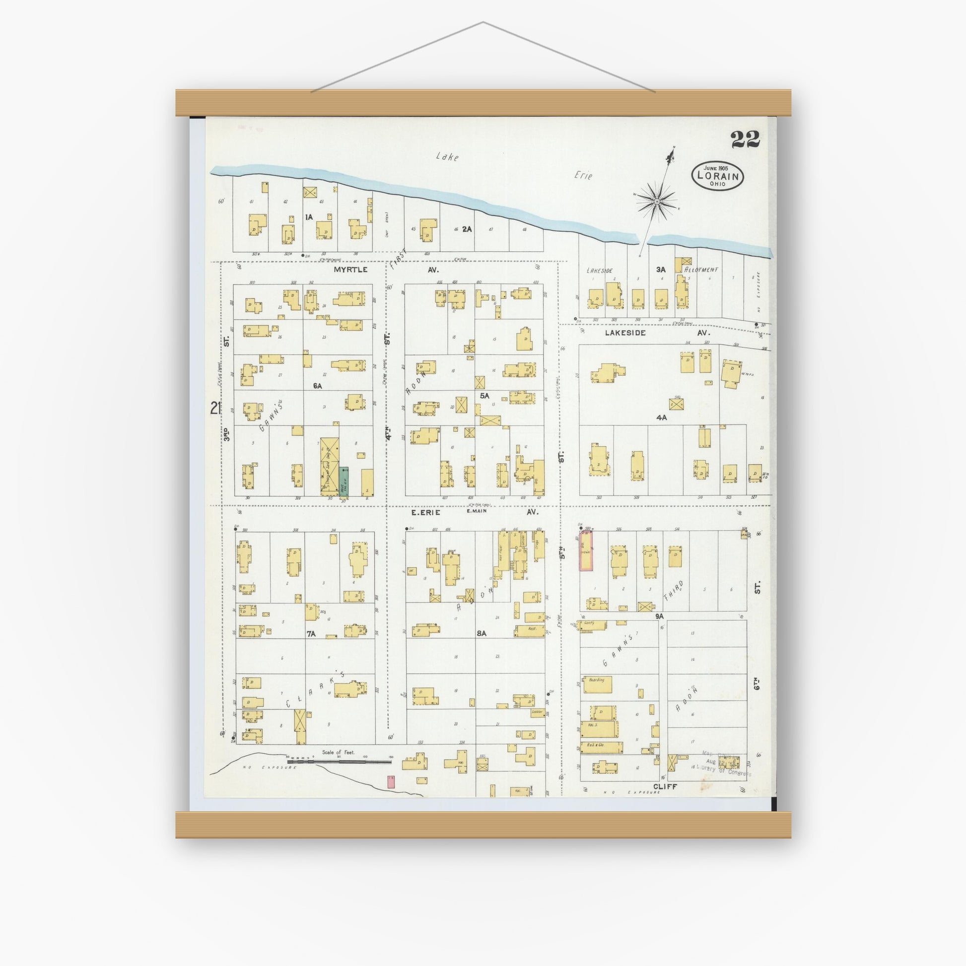 Old map wall art mockup — magnetic wood frame on white wall — Sanborn Fire Insurance Map from Lorain, Lorain County, Ohio (1905), Sheet #0022