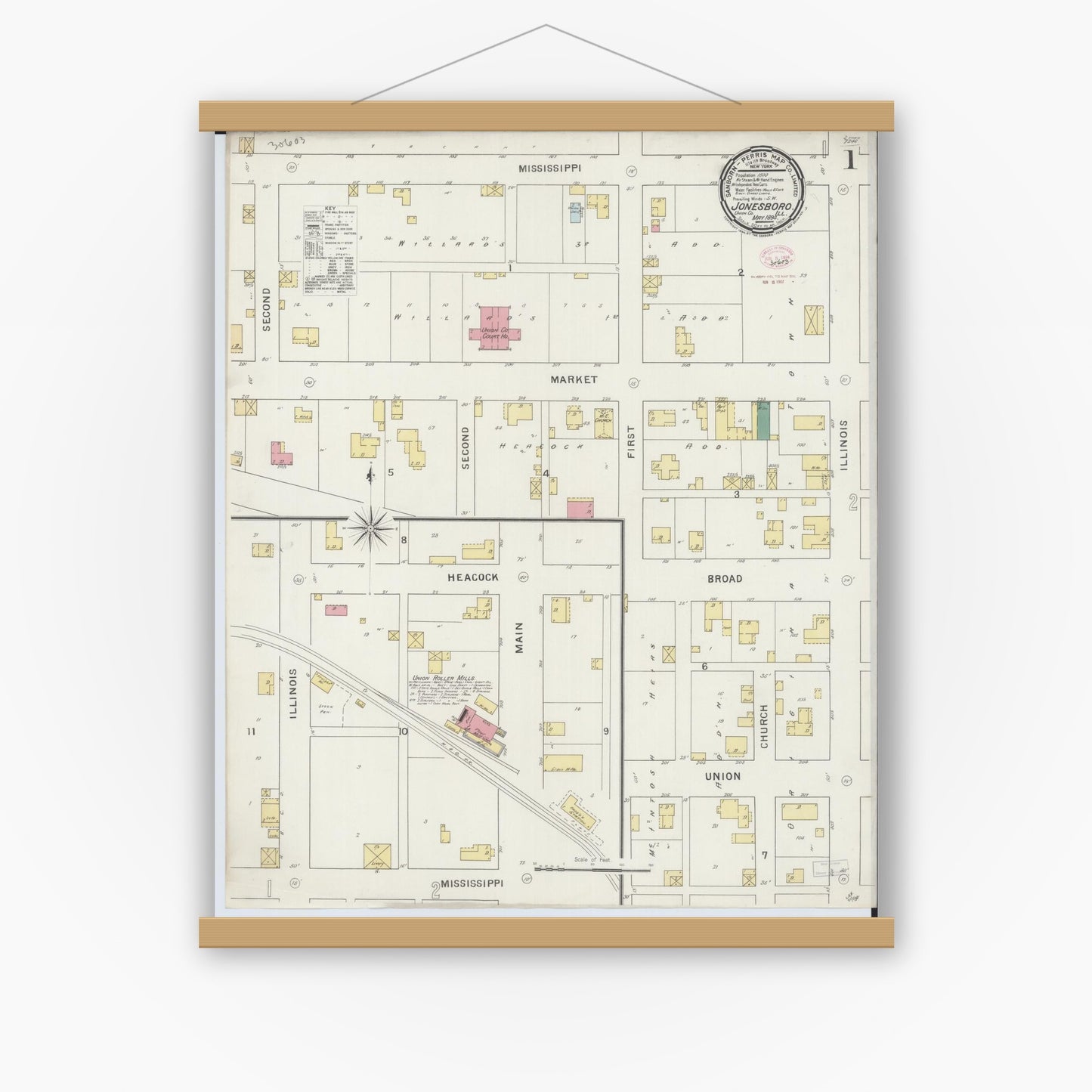 Old map wall art mockup — magnetic wood frame on white wall — Sanborn Fire Insurance Map from Jonesboro, Union County, Illinois (1894) - Complete Map Set