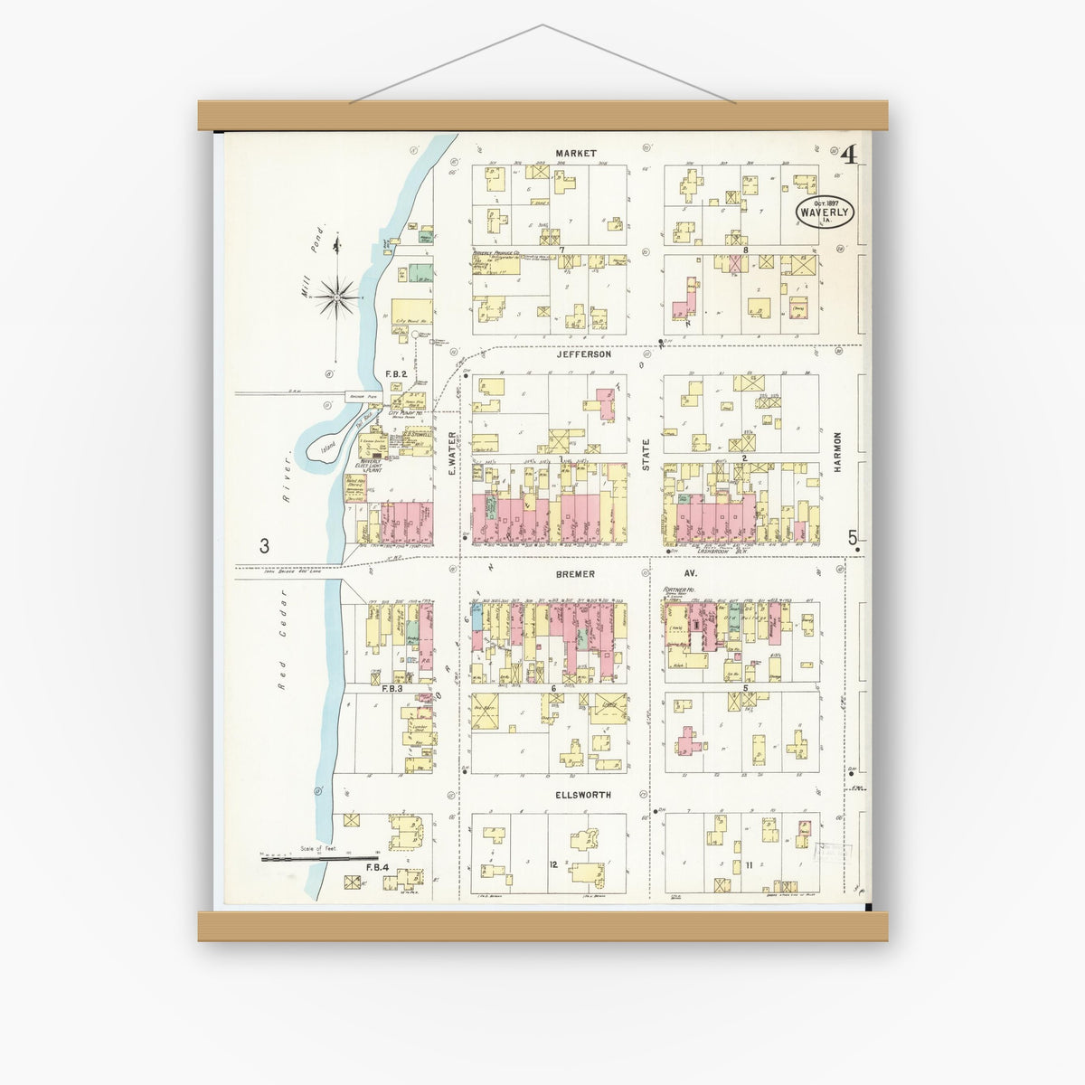 Old map wall art mockup — magnetic wood frame on white wall — Sanborn Fire Insurance Map from Waverly, Bremer County, Iowa (1897), Sheet #0004