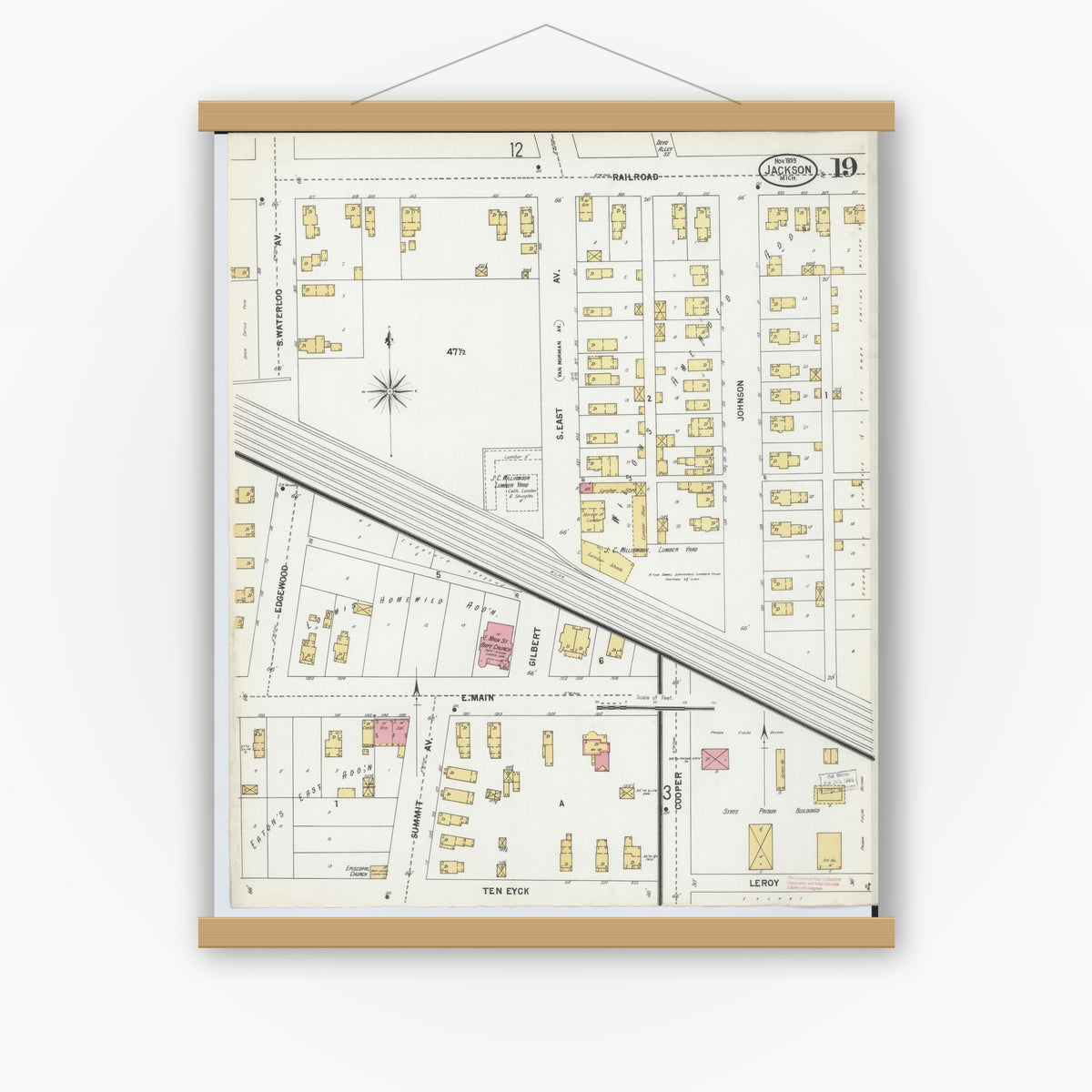 Old map wall art mockup — magnetic wood frame on white wall — Sanborn Fire Insurance Map from Jackson, Jackson County, Michigan (1899), Sheet #0019