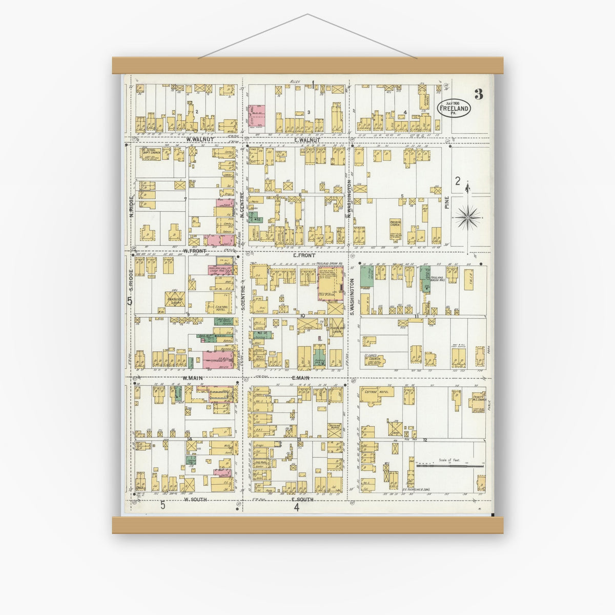 Old map wall art mockup — magnetic wood frame on white wall — Sanborn Fire Insurance Map from Freeland, Luzerne County, Pennsylvania (1900), Sheet #0003
