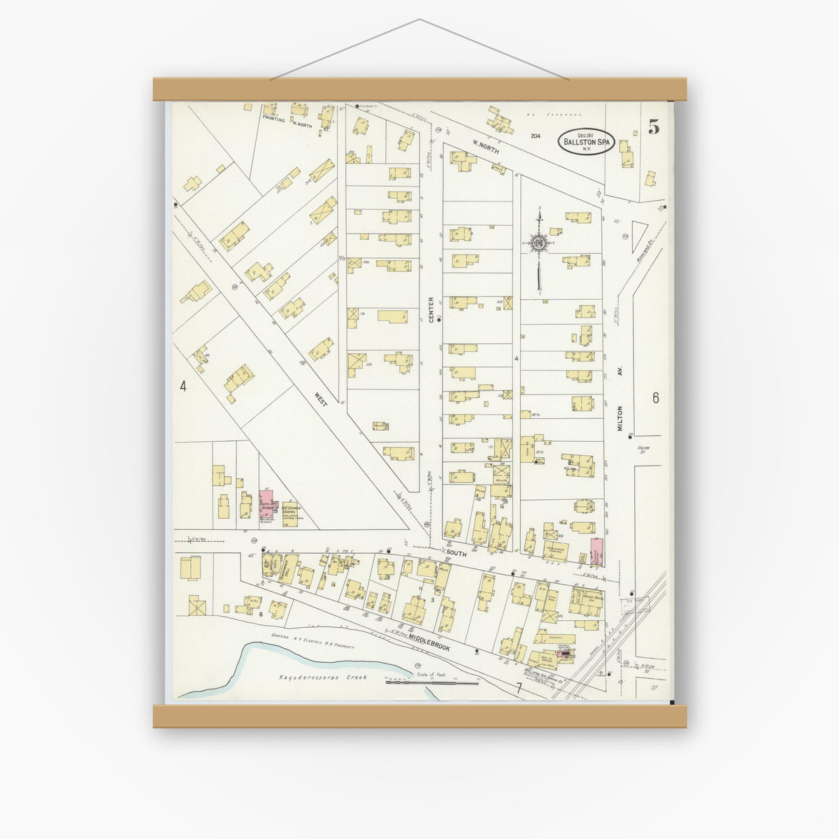 Old map wall art mockup — magnetic wood frame on white wall — Sanborn Fire Insurance Map from Ballston Spa, Saratoga County, New York (1911), Sheet #0005