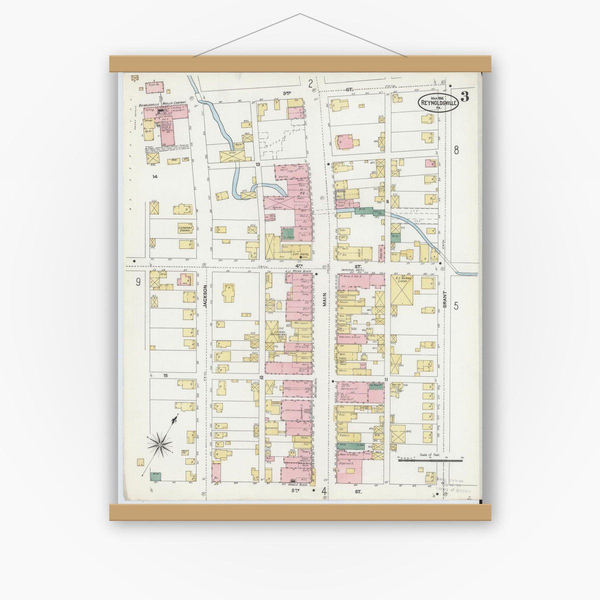 Old map wall art mockup — magnetic wood frame on white wall — Sanborn Fire Insurance Map from Reynoldsville, Jefferson County, Pennsylvania (1906), Sheet #0003